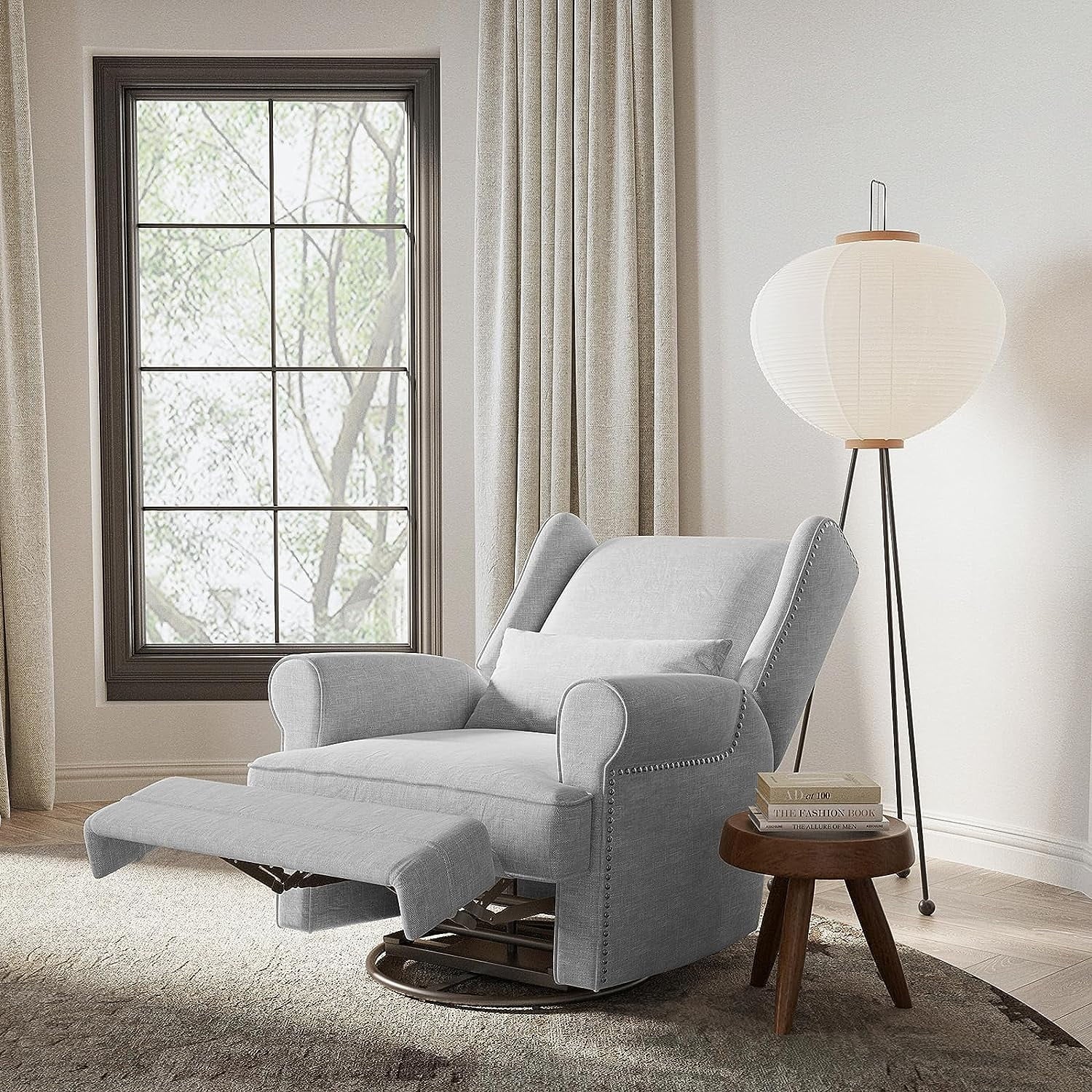 Swivel Recliner Glider Rocking Chair with Lumbar Pillow and Footrest, for Bedroom, Living Room, Brown