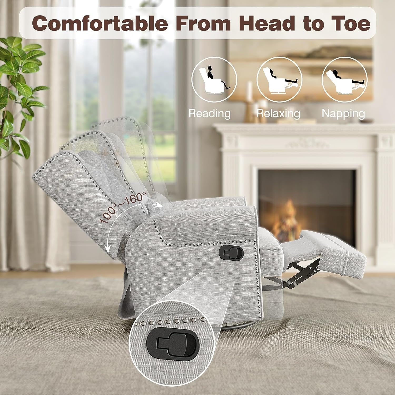 Swivel Recliner Glider Rocking Chair with Lumbar Pillow and Footrest, for Bedroom, Living Room, Brown